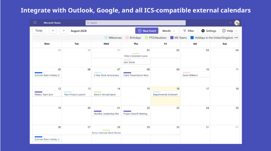 Integrate with Outlook, Google, and all ICS-compatible external calendars
