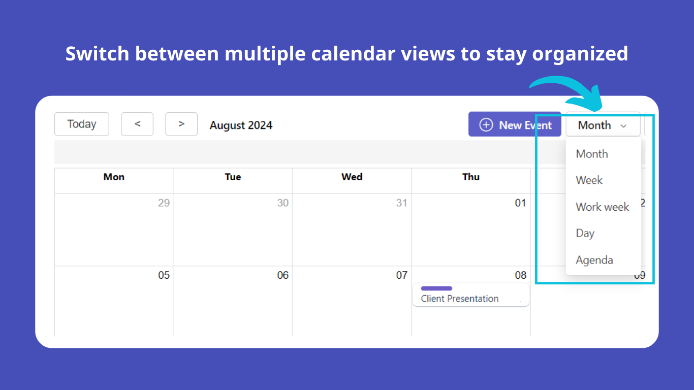 Eight calendar views including Day, Week, Month, Quarter, Year, and Agenda