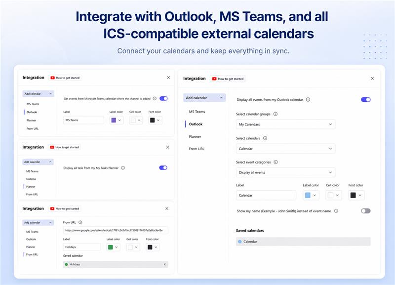 Integrate with Outlook, MS Teams, and all ICS-compatible external calendars