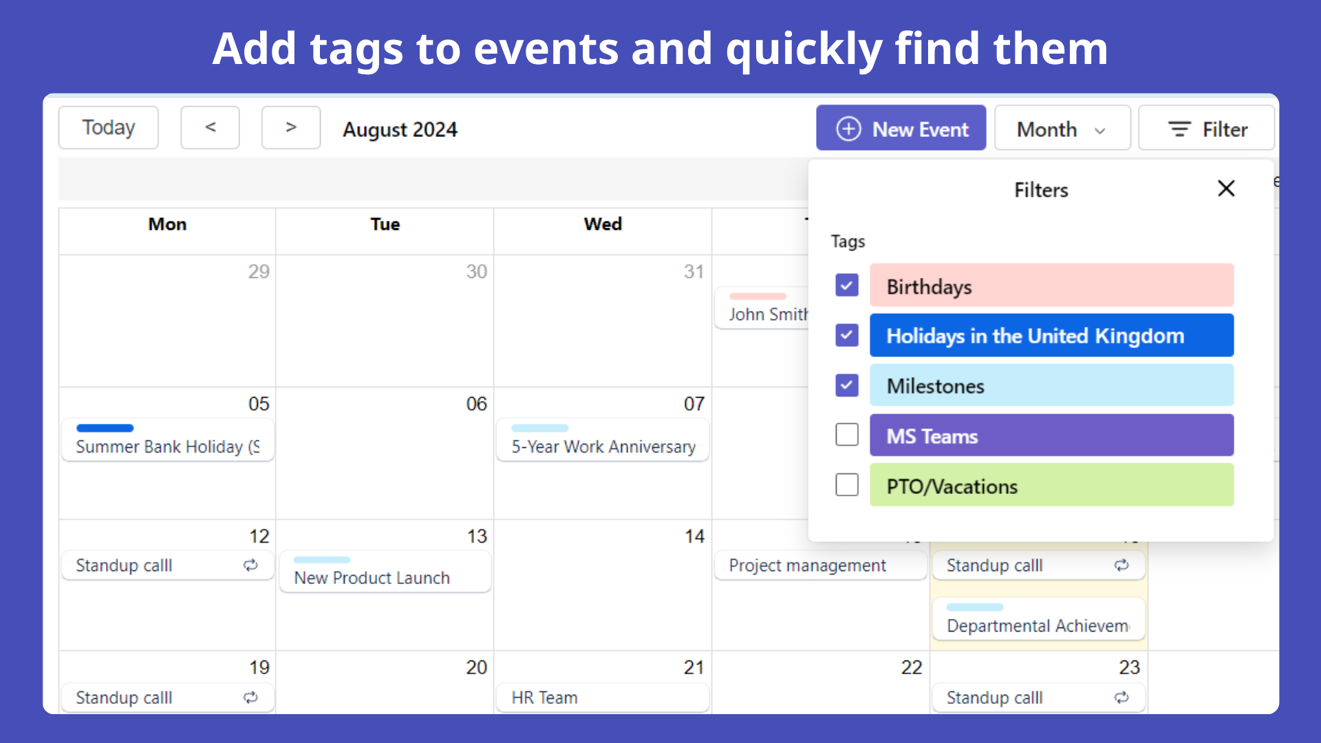 Calendar showing team leave details
